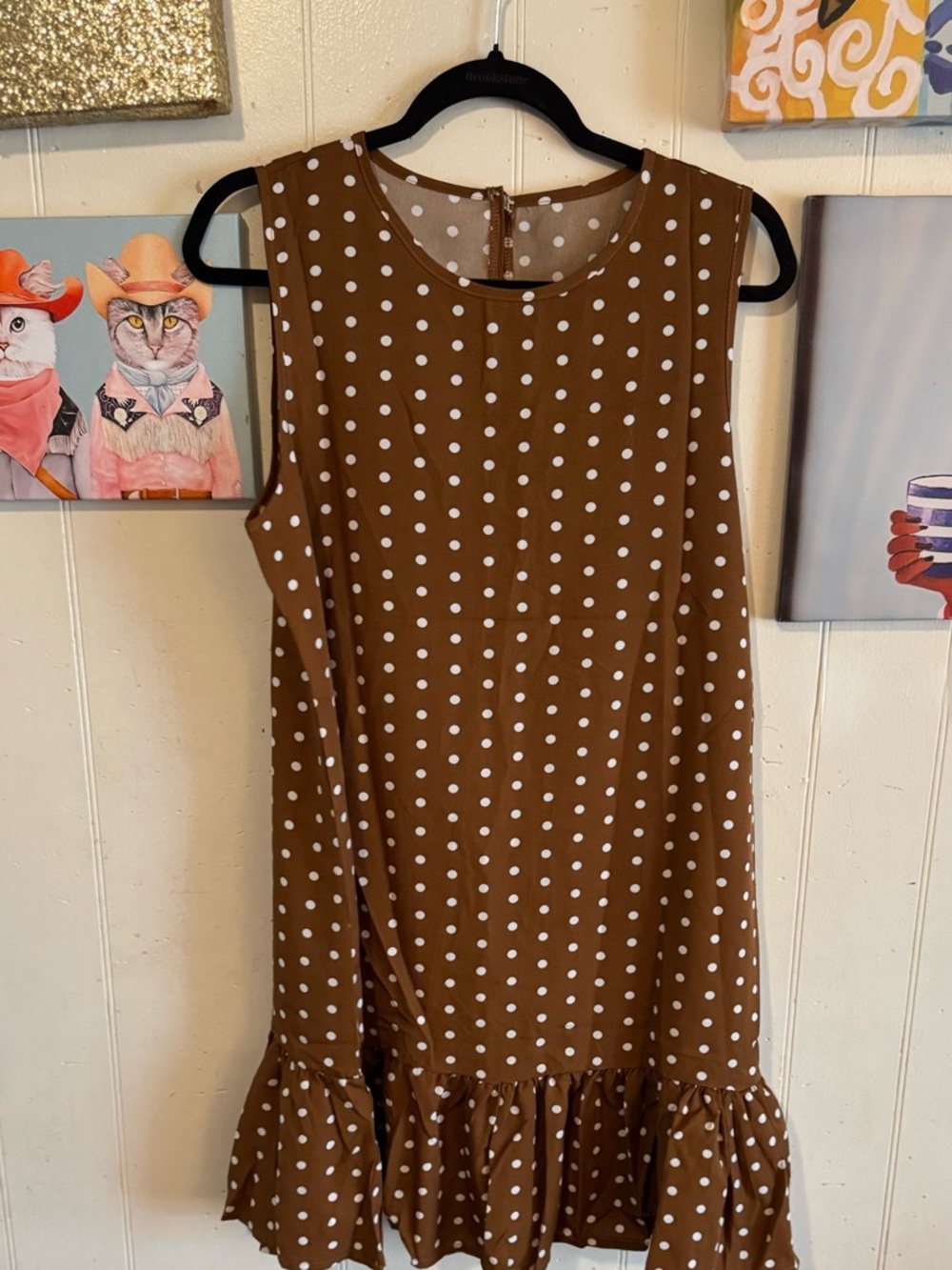 Brown Polka Dot Sleeveless Ruffle Hem Dress - Picture 4 of 6